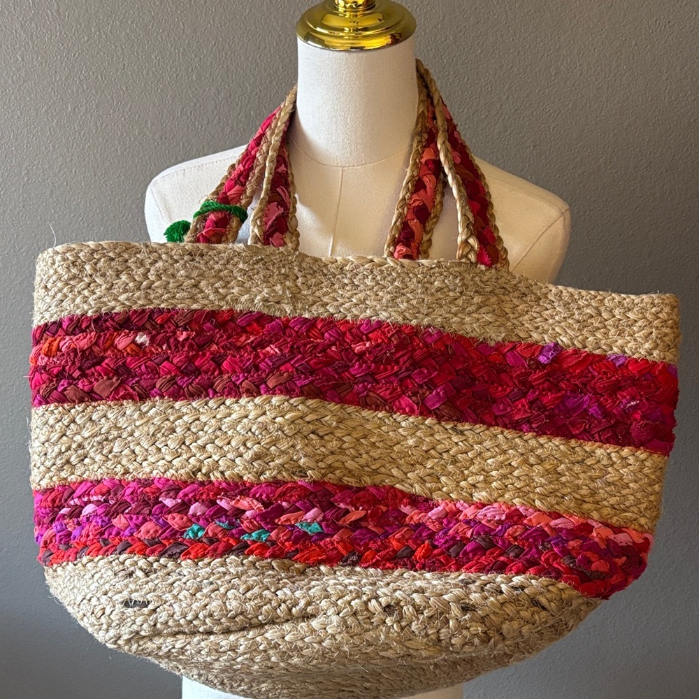 America & Beyond Boho Jute Straw Tote Pink Stripe Pom Pom Beach Market Bag - Picture 3 of 8